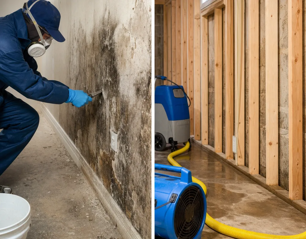 Before and after view of stained basement drywall and cleaned exposed framing with HEPA equipment