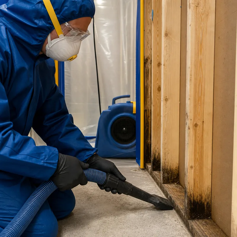 Technician HEPA-vacuuming exposed wall studs inside a contained negative-air work area