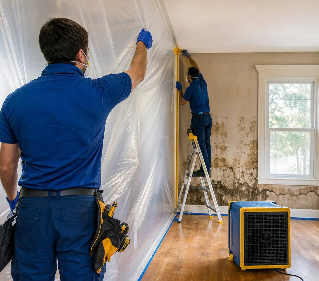Technicians setting containment and HEPA filtration in a residential room with moisture-stained drywall