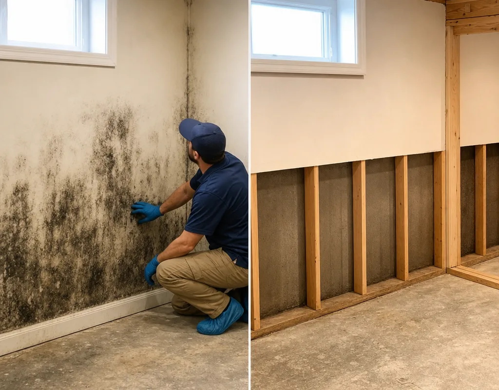Before-and-after basement wall showing mold-stained drywall and cleaned framing ready for rebuild