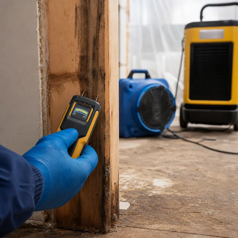 Moisture reading being taken on framing inside containment with an air scrubber and dehumidifier nearby