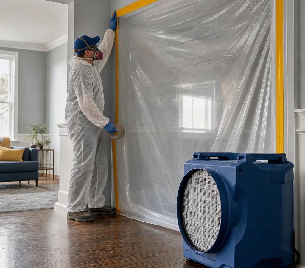 Technician sealing a residential room with plastic containment while a HEPA air scrubber operates