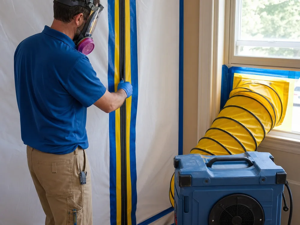 Poly containment wall, zipper door, and negative air machine exhausting through a residential window