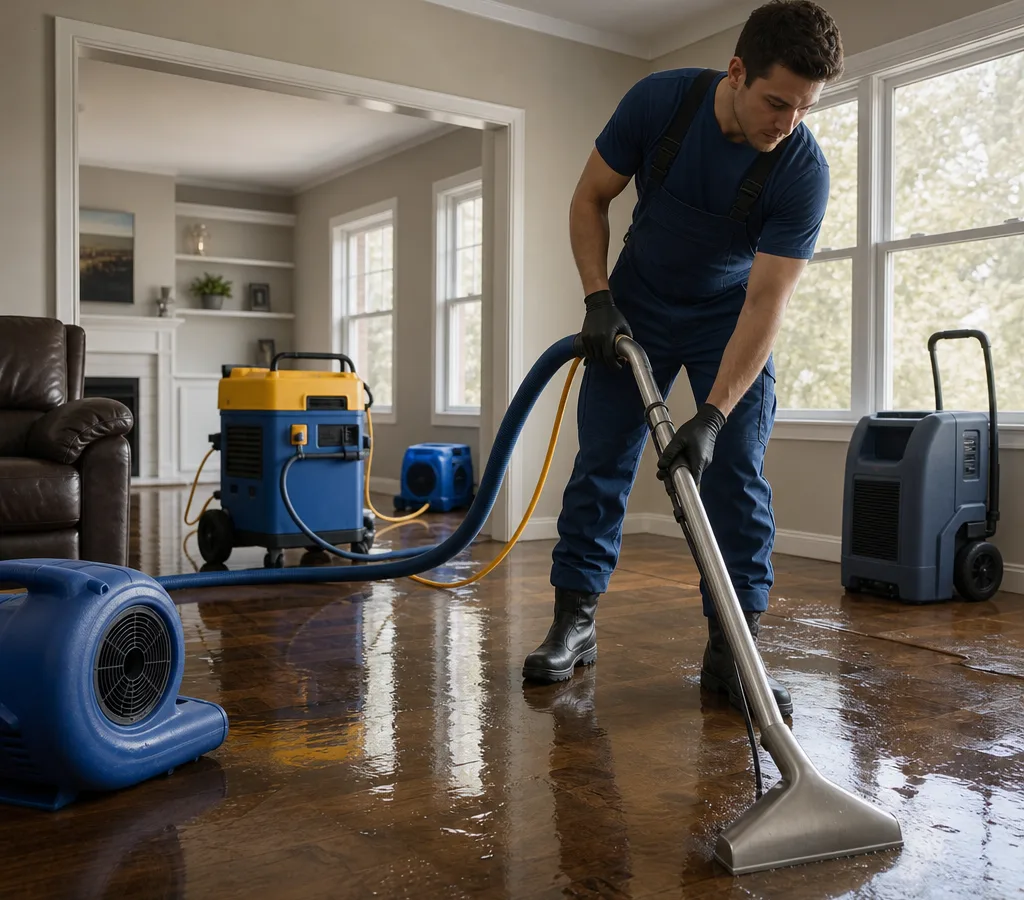 Restoration technician extracting standing water from an Albany home with drying equipment nearby