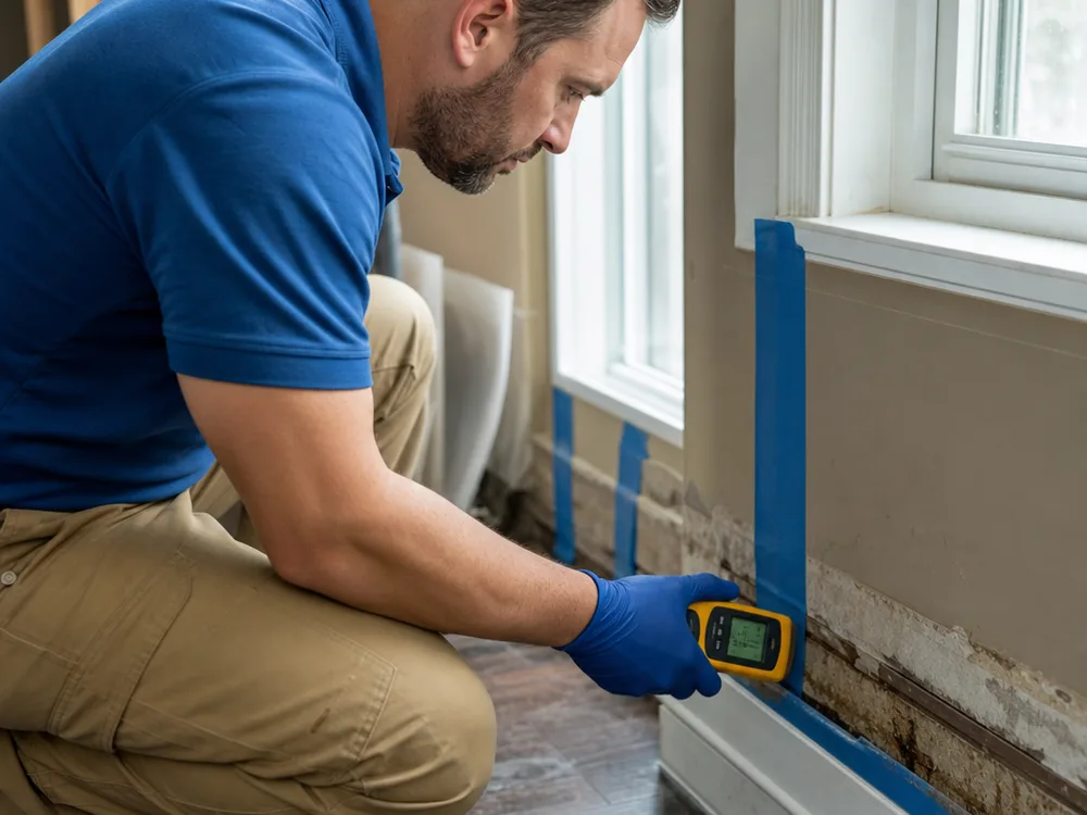 Moisture meter checking a wet baseboard and drywall after a leak