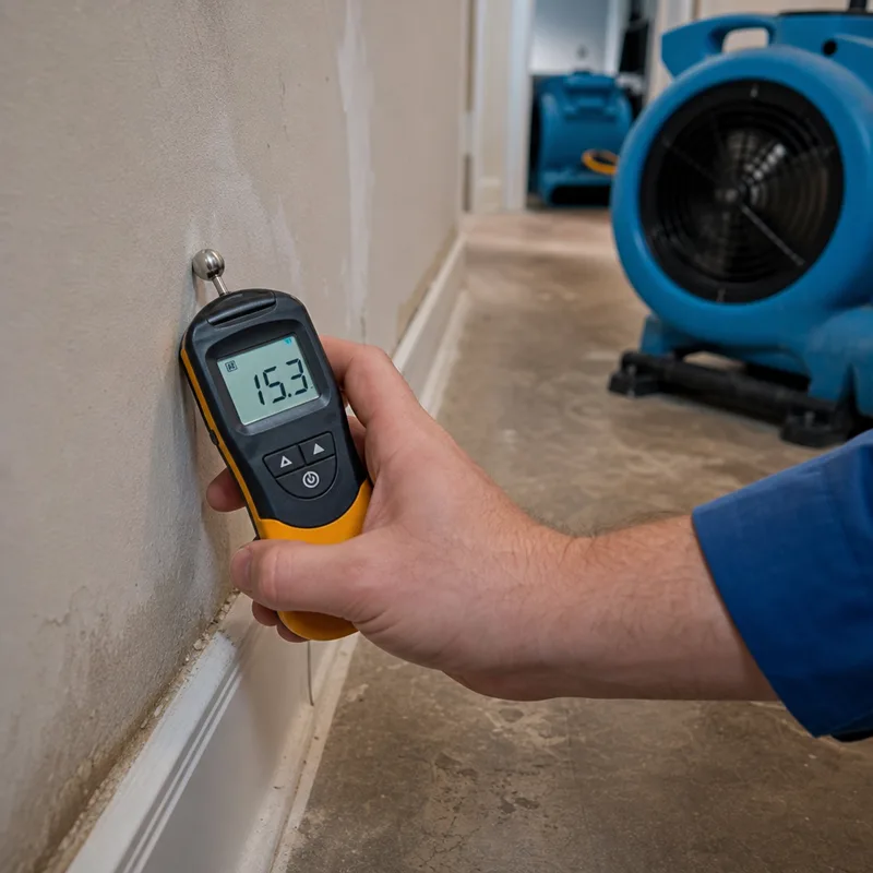 Moisture meter reading on drywall near a baseboard with drying equipment in the background
