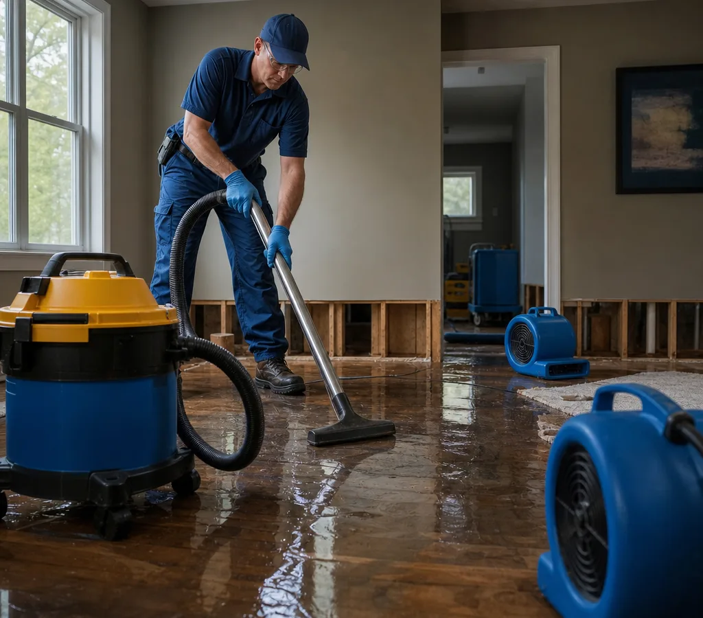 Technician using a wet vacuum and air movers in a residential room after a water loss