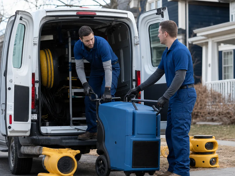 Restoration crew unloading air movers and a dehumidifier for an Albany home